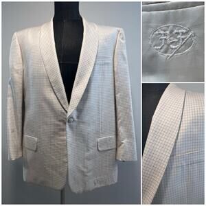 Hickey Freeman 100% Silk 1 Button Blazer Cream & Gray Windowpane Size 44L JP